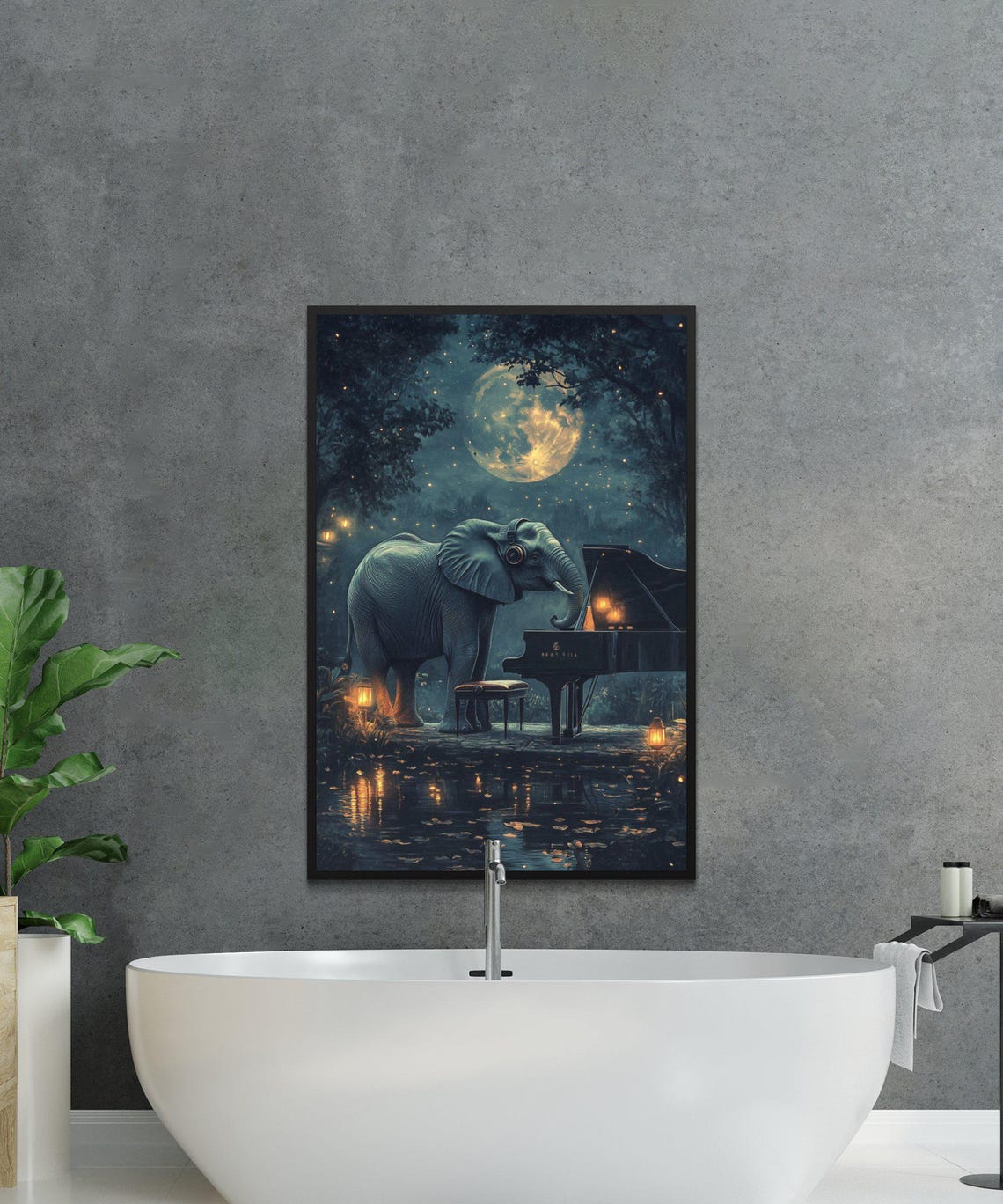 Elephant Playing Grand Piano Under A Full Moon At Night Poster - Image 3