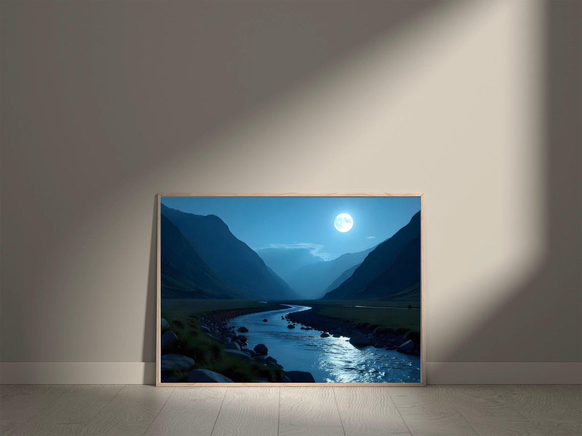 Full Moon Rising Over a Winding River in a Blue Mountain Valley Poster - Image 5