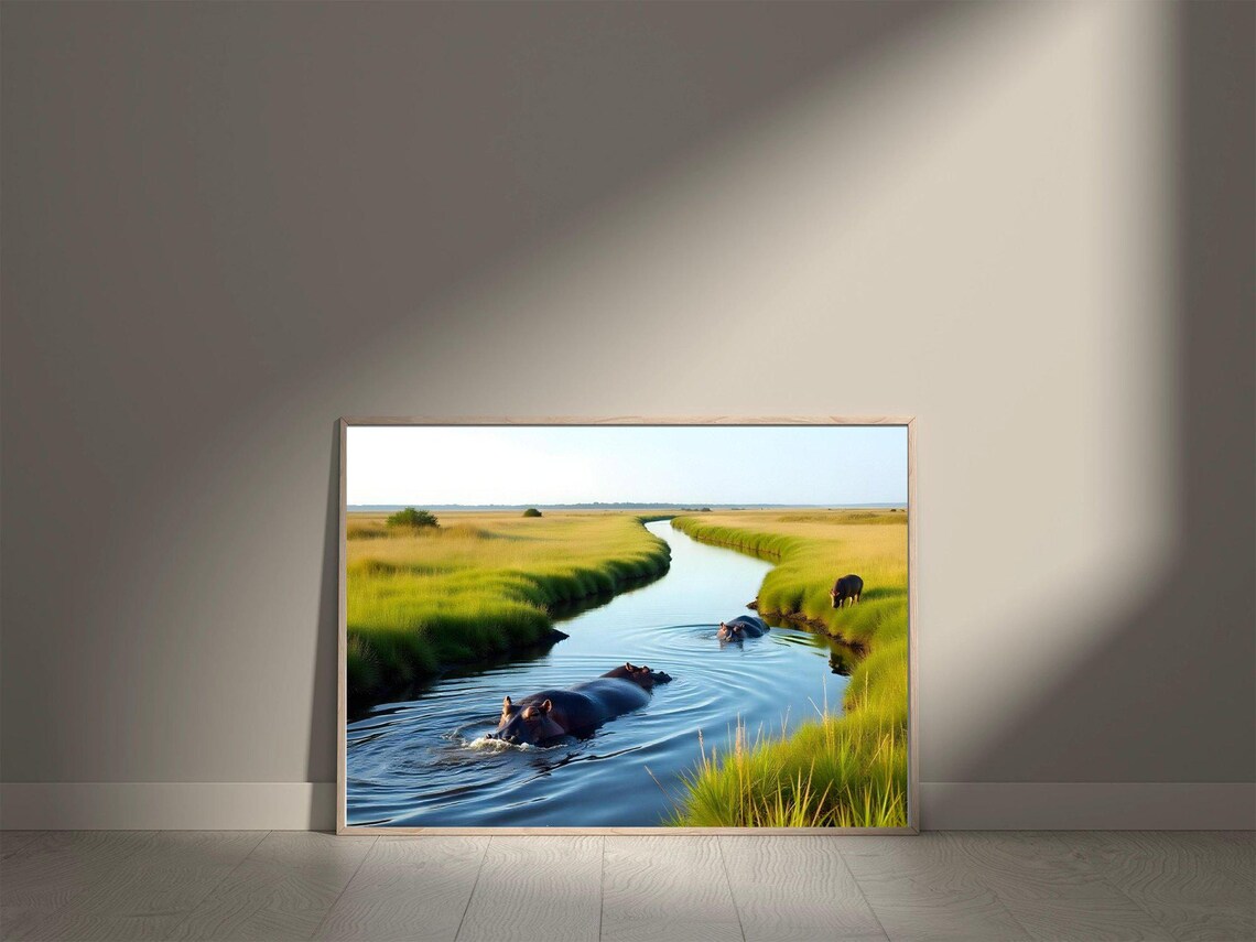 Hippos Swimming In A Winding African River Wildlife Nature Poster - Image 5