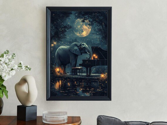Elephant Playing Grand Piano Under A Full Moon At Night Poster