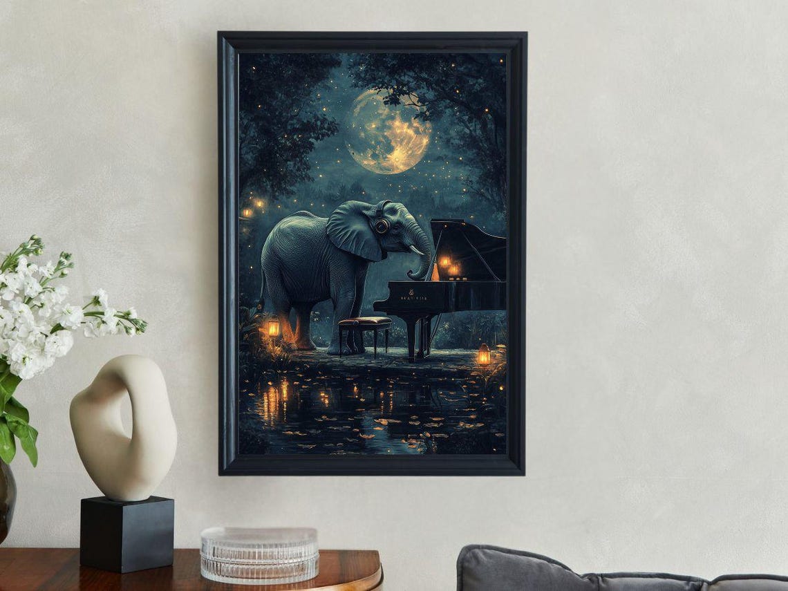 Elephant Playing Grand Piano Under A Full Moon At Night Poster