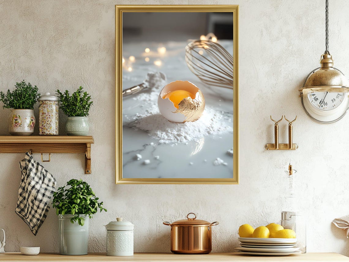 Golden Cracked Eggshell with Yolk Baking Photography Kitchen Poster