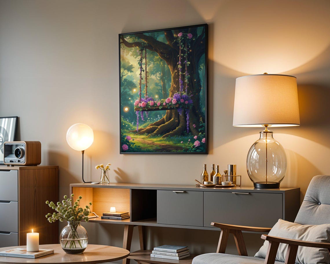Rose Covered Tree Swing Enchanted Forest Floral Scene Art Print - Image 3