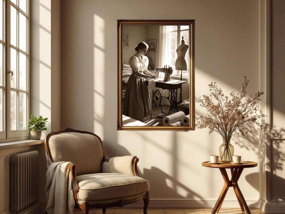 Vintage Seamstress at Singer Sewing Machine, Sepia Atelier Poster - Image 2