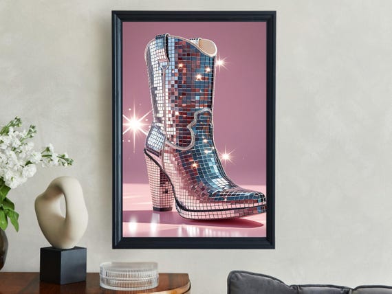 Sparkly Disco Ball Cowgirl Boot Wall Art Glamorous Western Decor Shiny Mirror Tile Boot Print Glittery Country Decor Poster