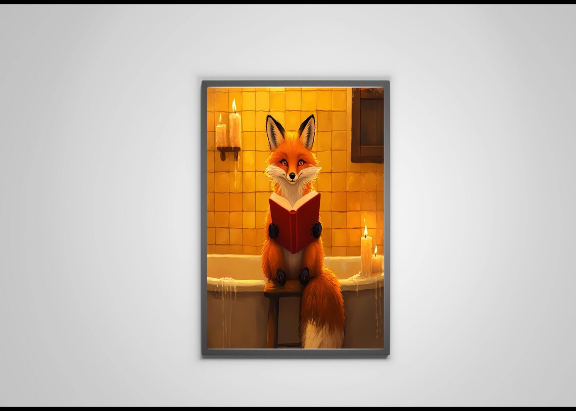 Red Fox Reading Red Book In Candlelit Bathtub Animal Art Poster