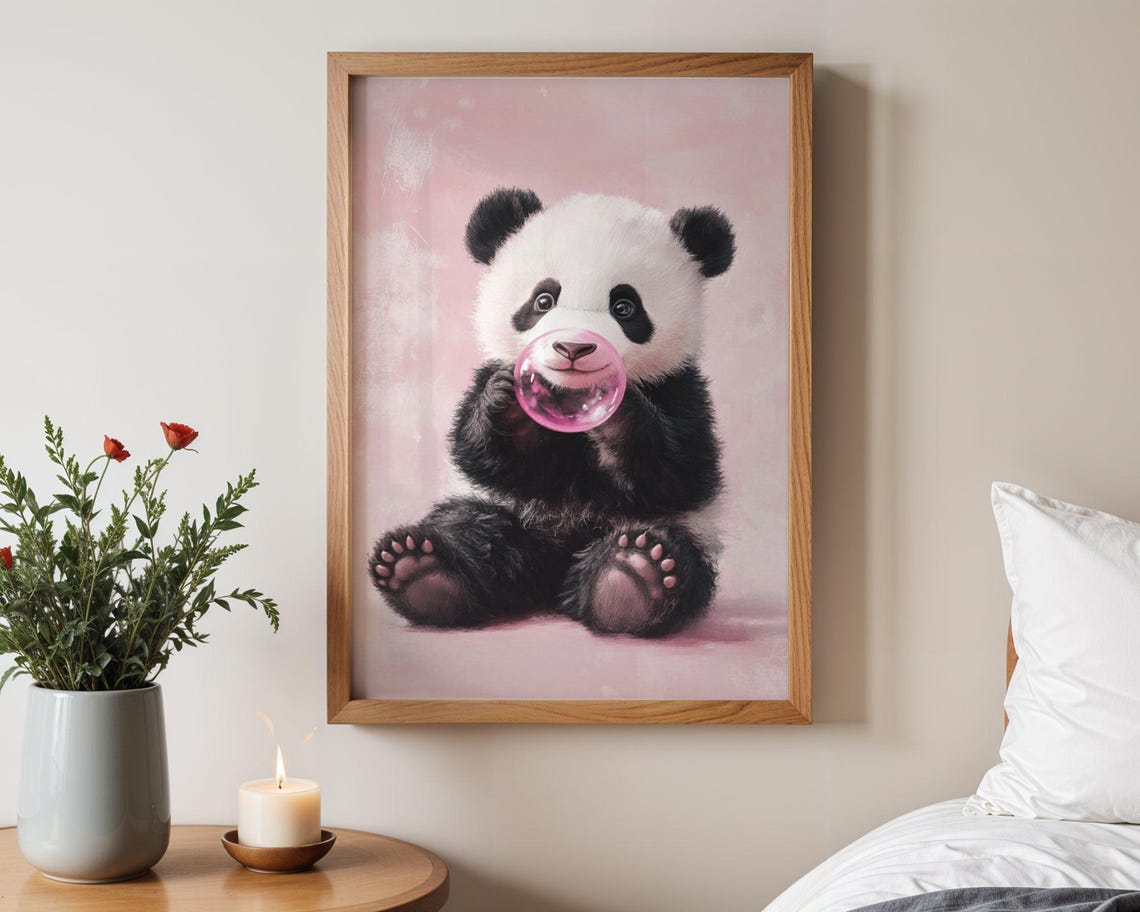 Baby Panda Blowing A Pink Bubblegum Bubble On Soft Pink Poster
