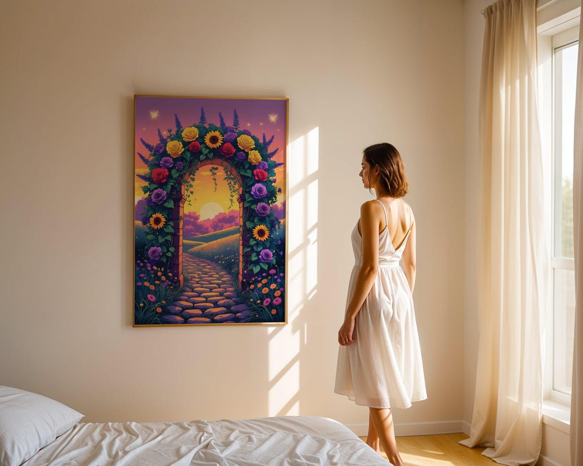 Flower Covered Stone Archway Over A Cobblestone Path At Sunset Poster - Image 4