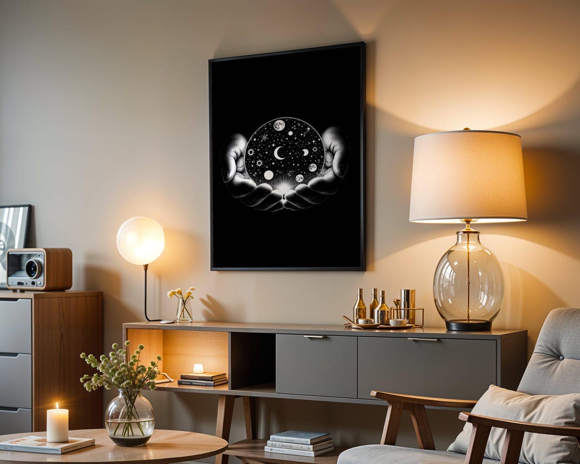 Mystical Hands Holding Universe Wall Art Cosmic Celestial Illustration Moon And Stars Print Unique Spiritual Home Decor - Image 3