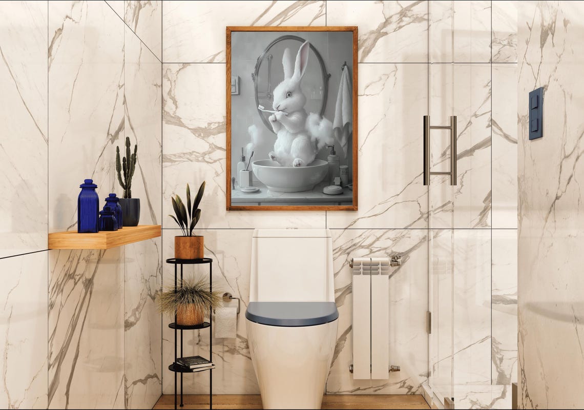 White Bunny Brushing Teeth In Bathroom Sink Animal Art Poster - Image 4