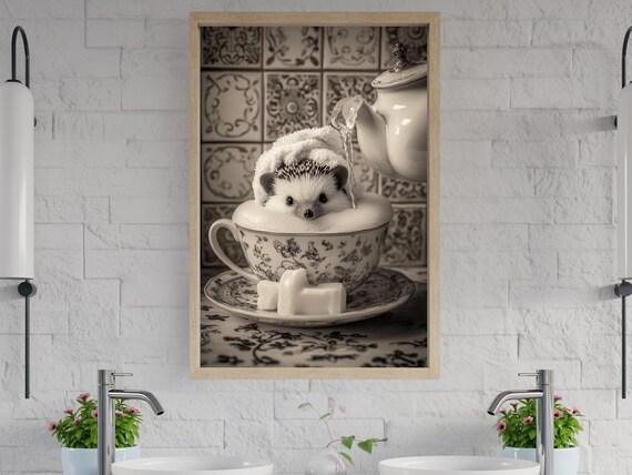 Hedgehog Bathing in a Victorian Teacup While Tea Is Being Poured Poster