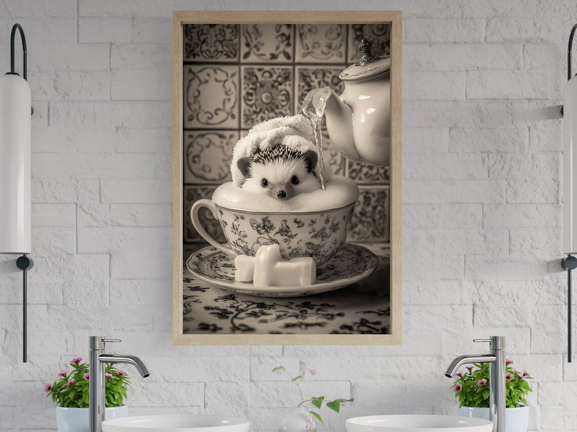 Hedgehog Bathing in a Victorian Teacup While Tea Is Being Poured Poster