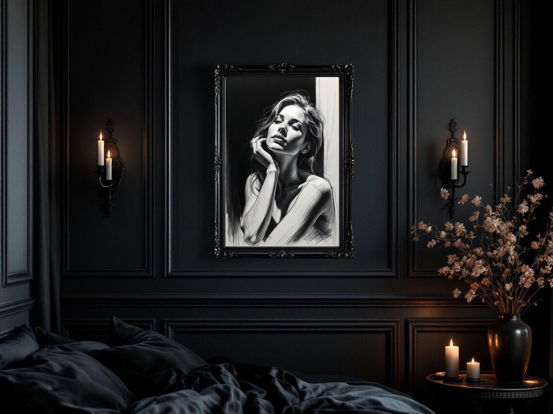Charcoal Sketch Portrait of a Woman in Soft Light, B&W Poster - Image 3
