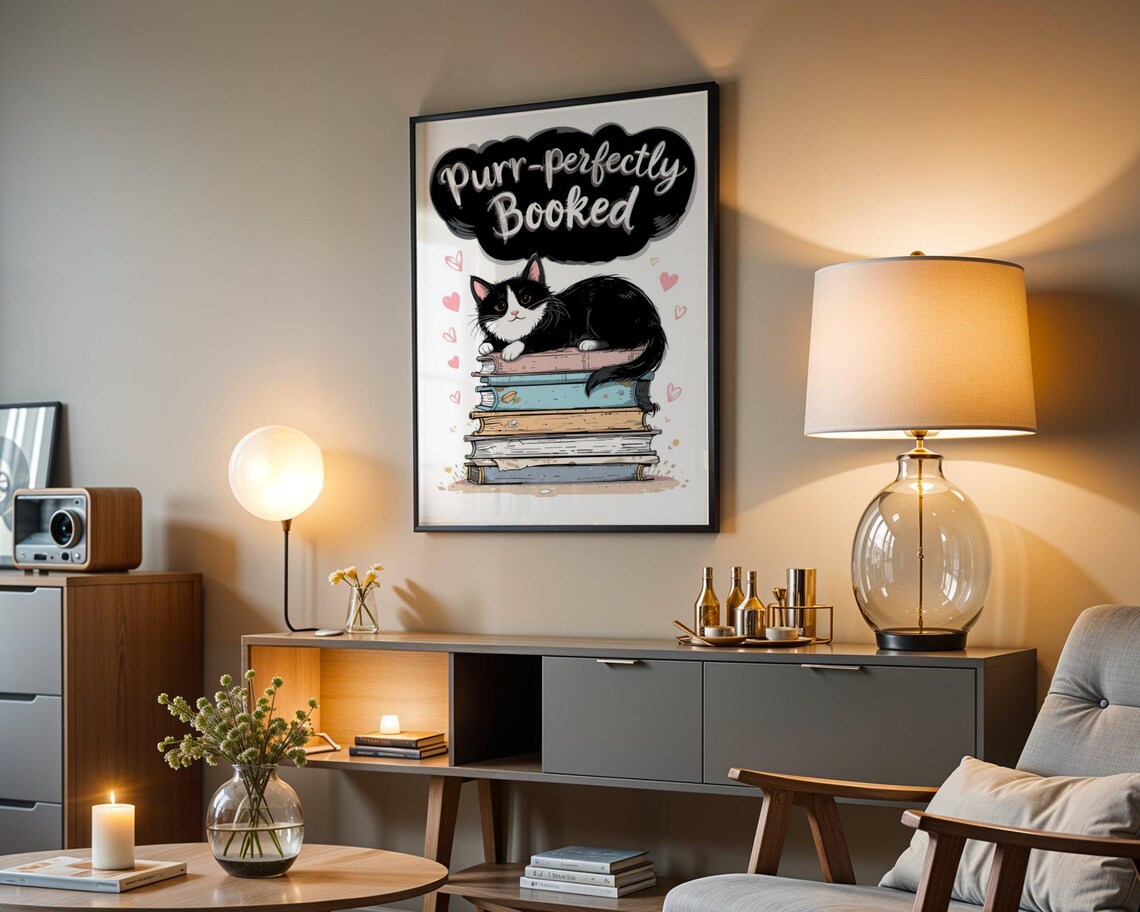 Purr-fectly Booked Cat Reading Books Stack Funny Book Lover Gift Poster - Image 4