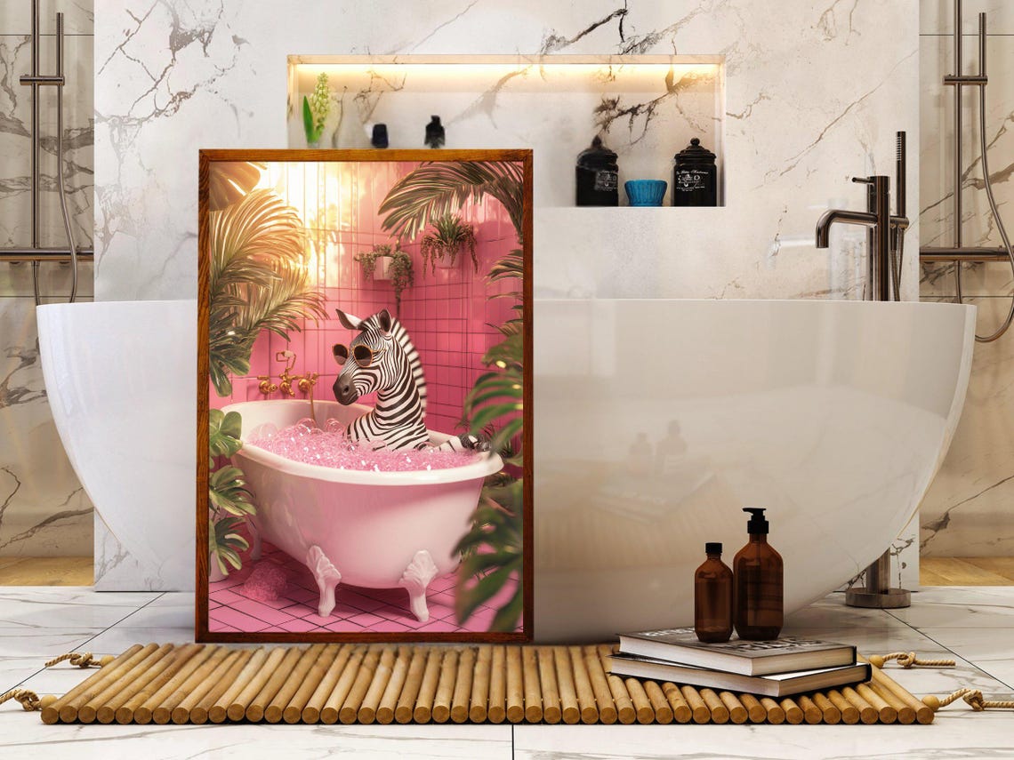 Zebra in Sunglasses in a Pink Bathtub Tropical Bathroom Poster - Image 5