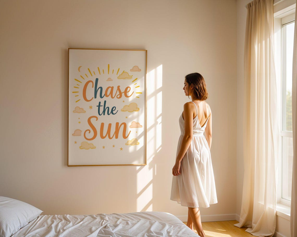 Chase the Sun Orange Navy Hand Lettered Sunshine Quote Poster - Image 4