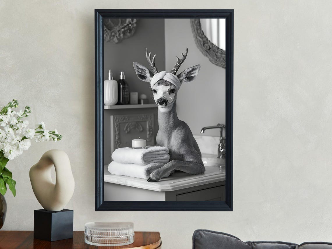 Deer Spa Day With Towel Turban Black And White Bathroom Poster - Image 2