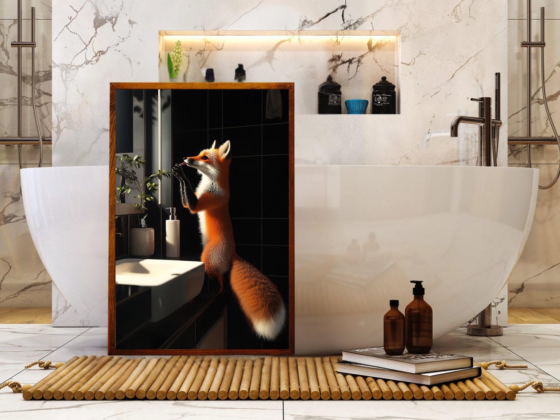 Red Fox Standing at the Bathroom Sink Brushing Its Teeth Poster - Image 5