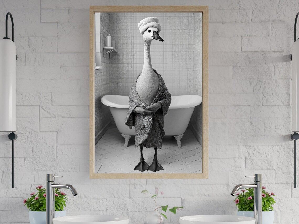 Swan in a Robe and Towel Turban Standing by a Bathtub Poster