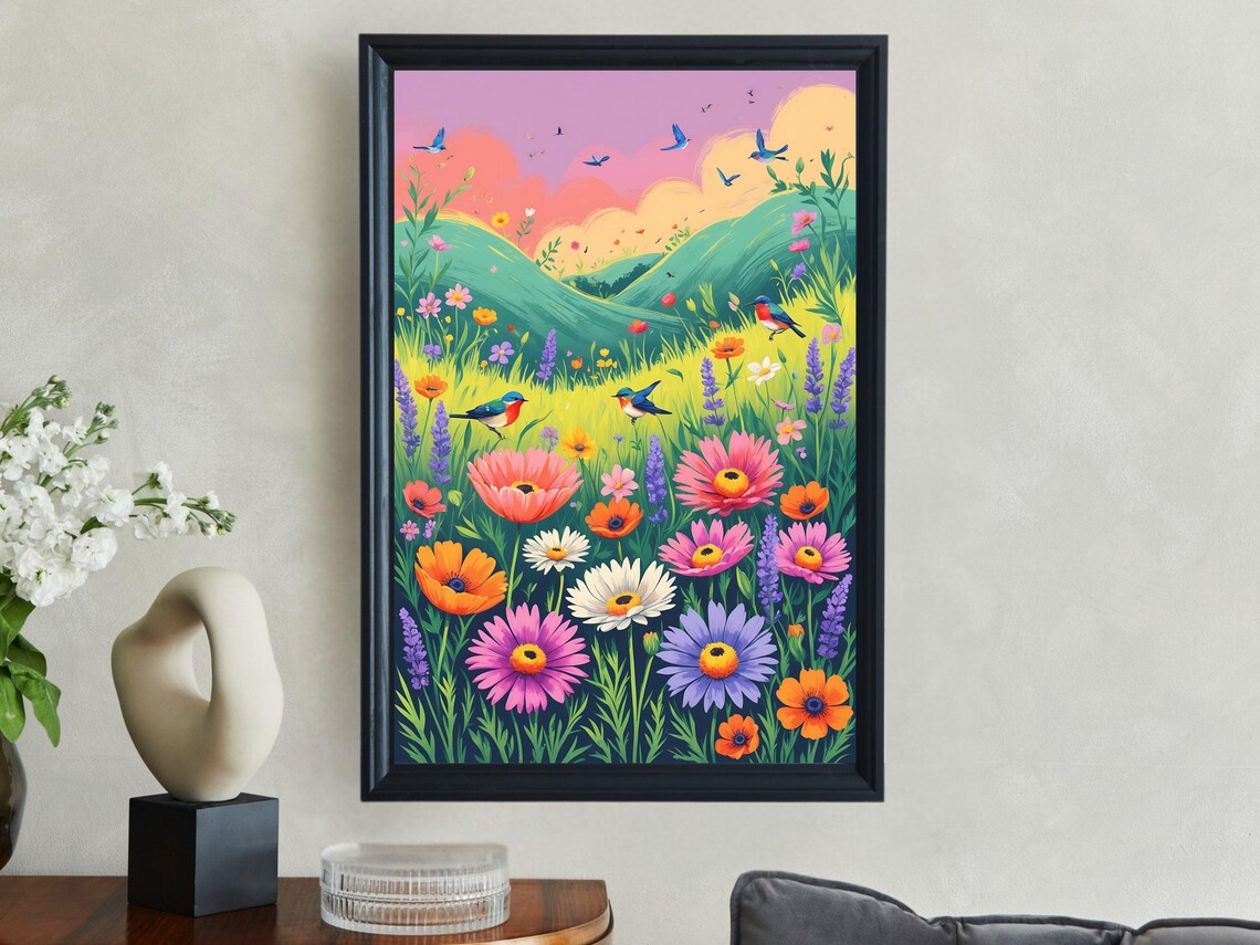 Wildflower Meadow Birds Pink Dawn Sky Nature Scene Art Print