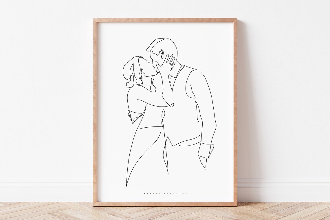 Couple Embrace Kiss Minimalist Line Art Portrait Poster Decor