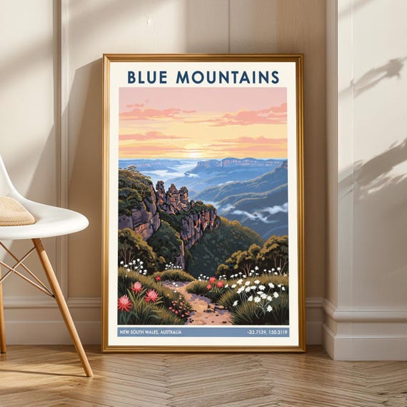 Blue Mountains Three Sisters Poster Pink Green And Orange Gouache Art Australian Landscape For Living Room Travel