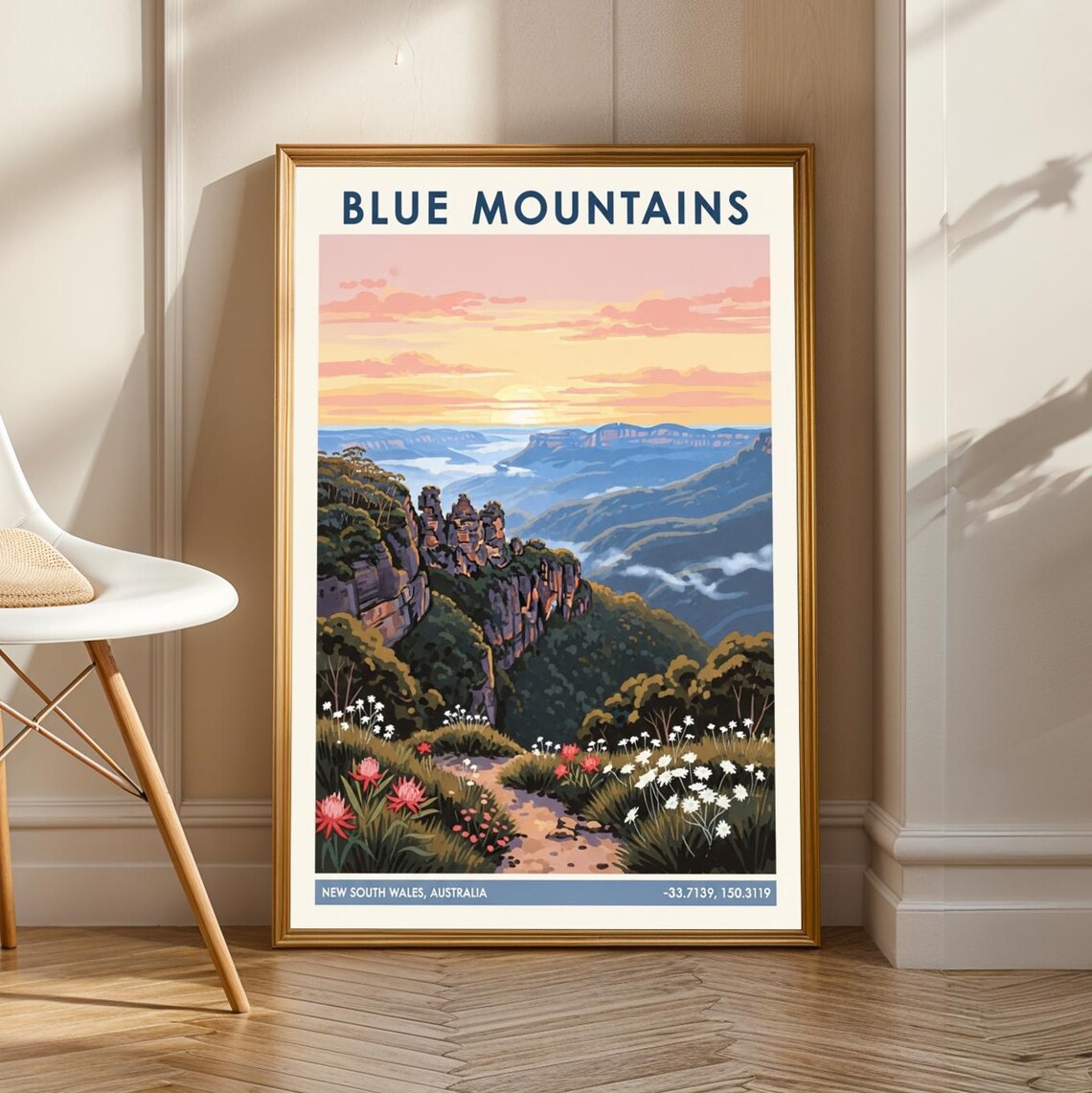 Blue Mountains Three Sisters Sunrise Australia Vintage Travel Poster