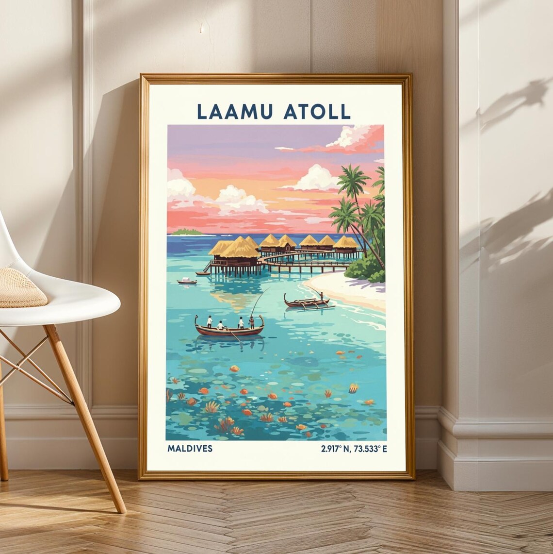 Laamu Atoll Maldives Vintage Travel Poster With Overwater Bungalows