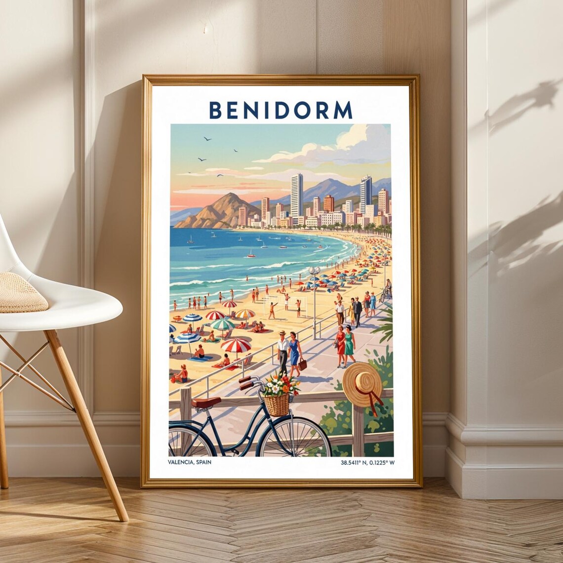 Benidorm Spain Golden Beach Promenade Bike Retro Travel Poster