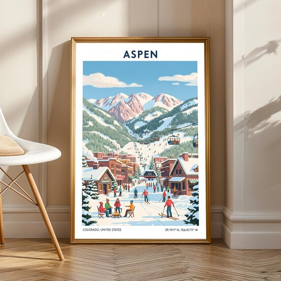 Aspen Colorado Snowy Ski Village Vintage Winter Travel Poster