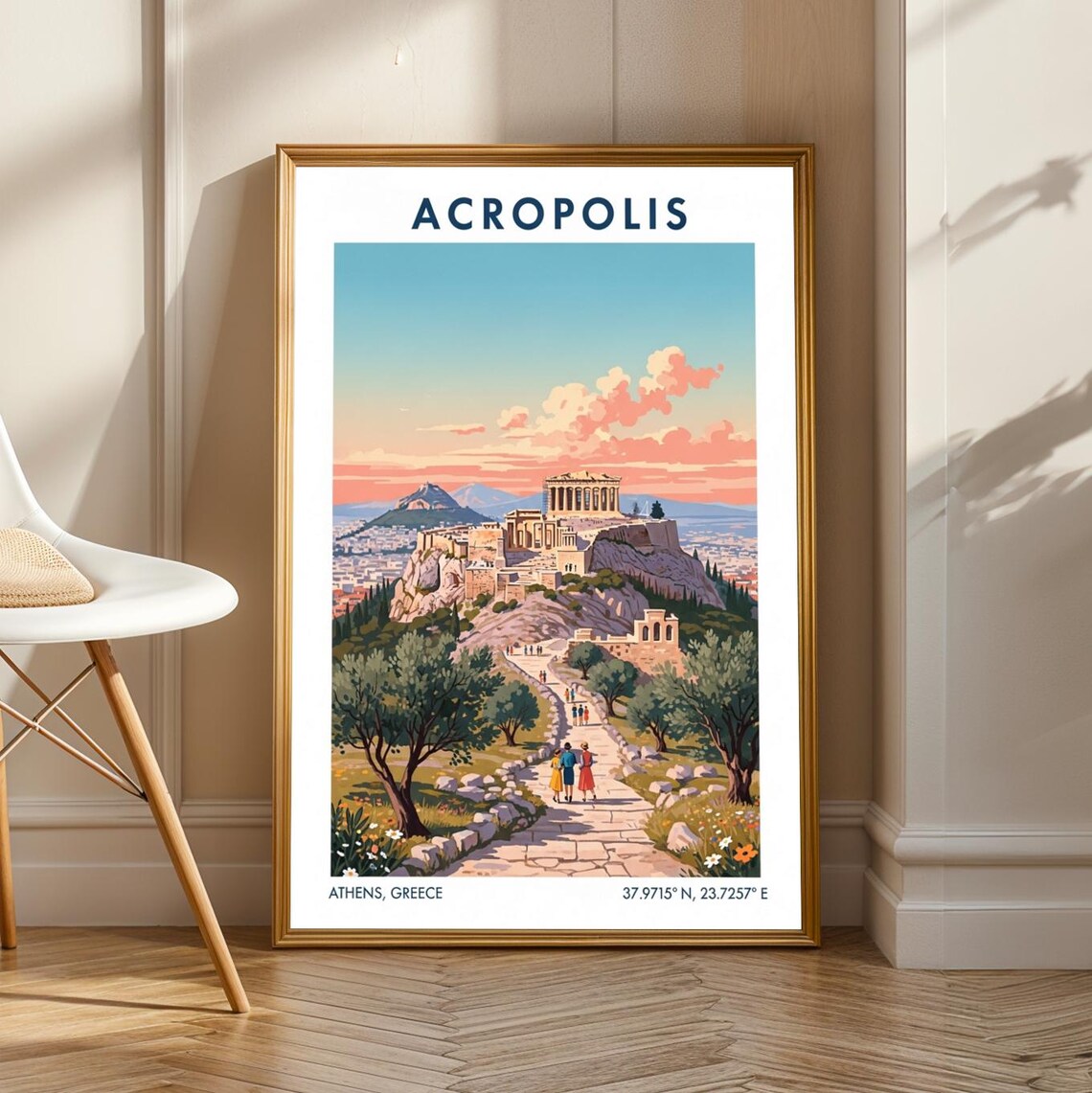 Acropolis Athens Sunset Parthenon Golden Vintage Travel Poster