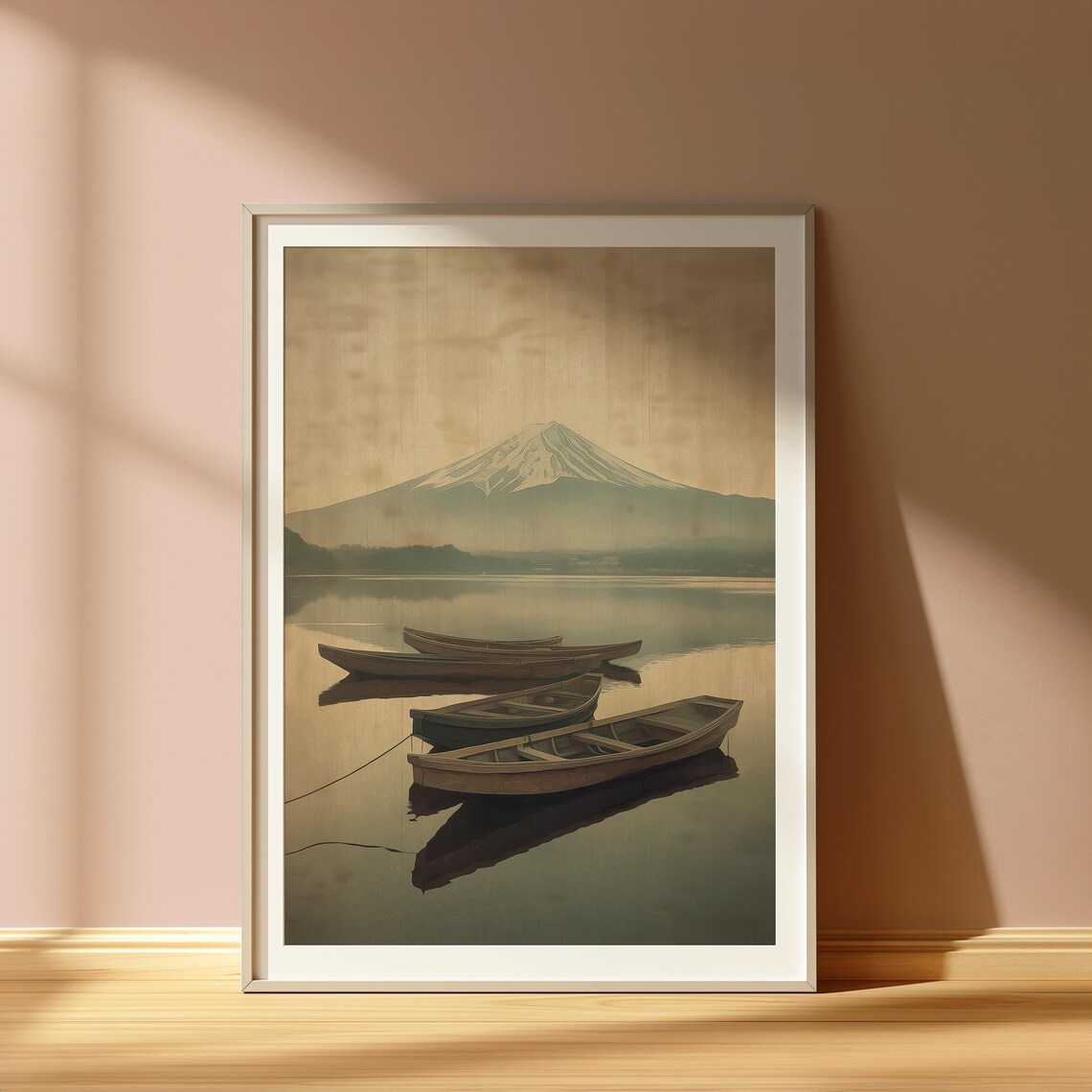 Mount Fuji Wooden Boats Lake Vintage Japanese Woodblock Poster