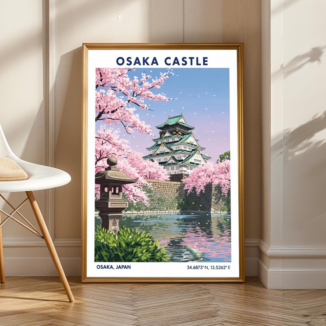 Osaka Castle Cherry Blossoms Vintage Gouache Travel Poster