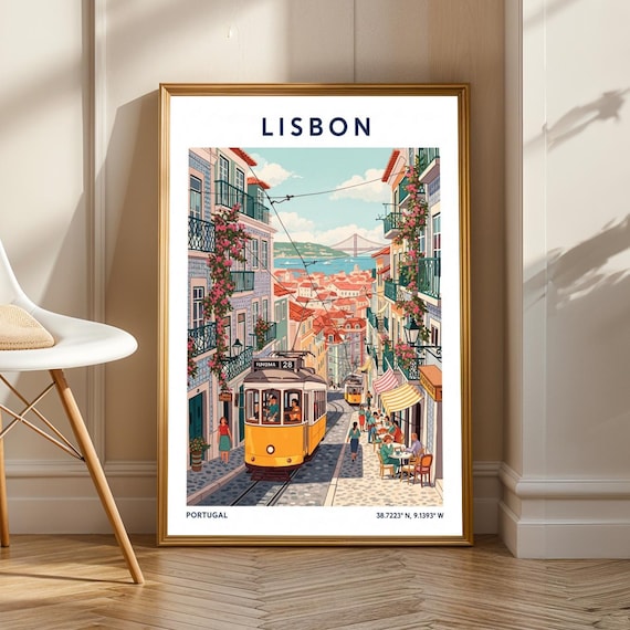 Lisbon Portugal Yellow Tram 28 Alfama Street Vintage Travel Poster