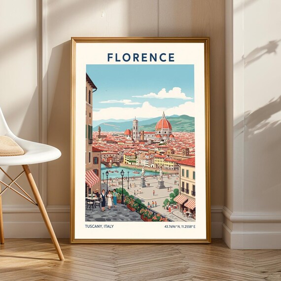 Florence Italy Duomo Cathedral and Arno River Vintage Travel Poster