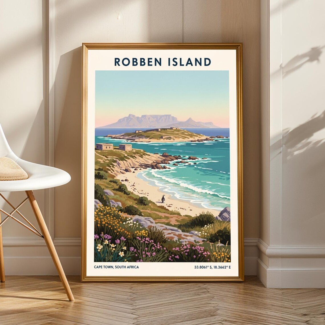 Robben Island Cape Town Vintage Travel Poster Penguin Beach Coastal Art