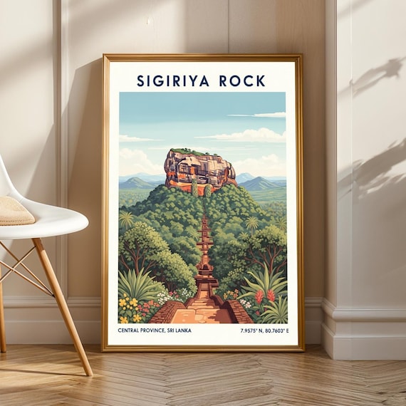 Sigiriya Rock Fortress Poster Vintage Gouache Art Green Blue Orange Yellow And Red Travel Illustration Living Room Or Office Decor