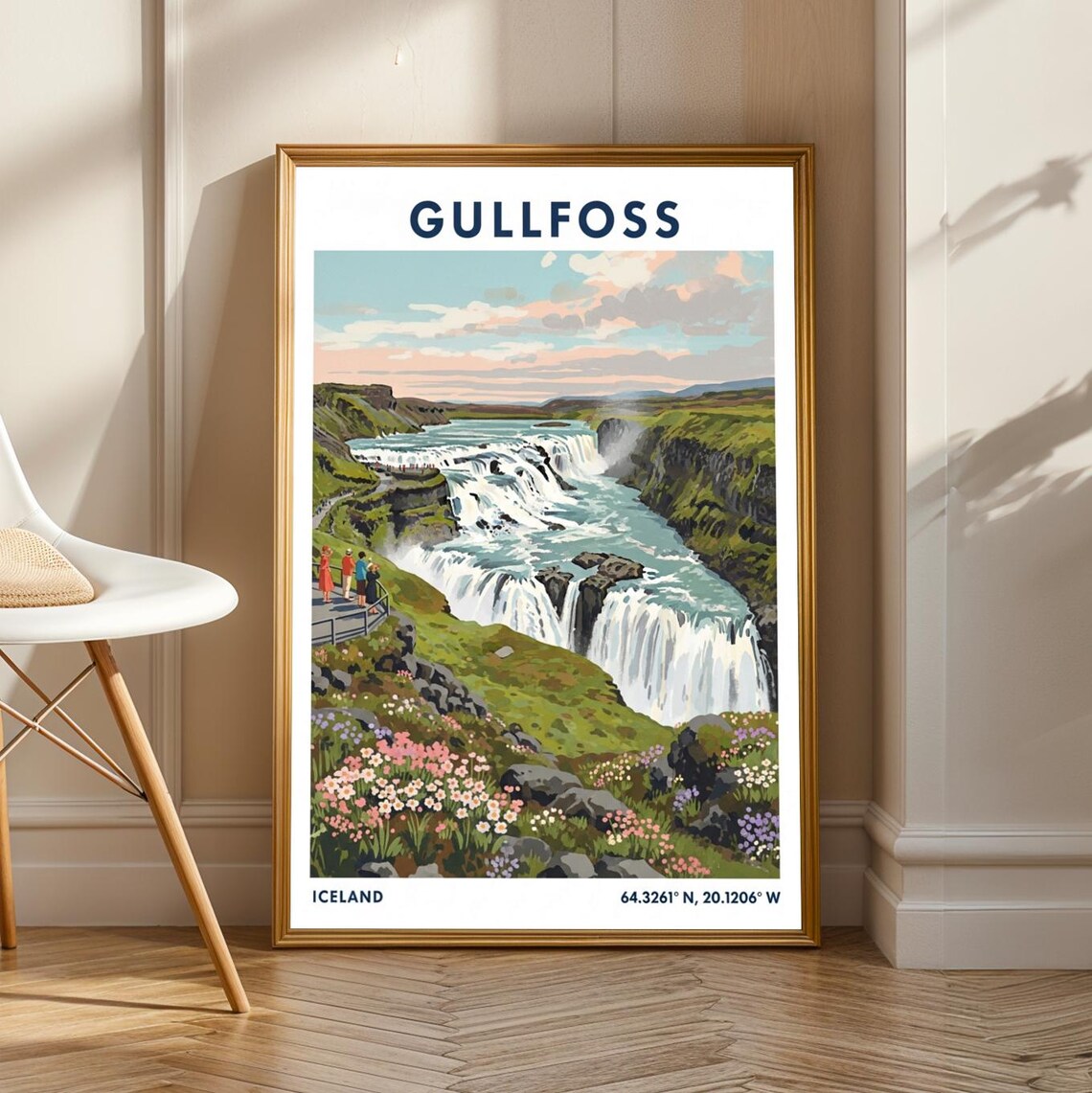 Iceland Gullfoss Waterfall Vintage Travel Poster