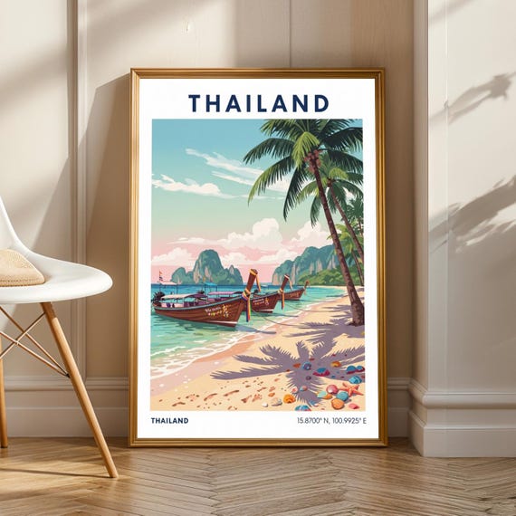 Thailand Beach Scene Poster Print Wall Art Tropical Travel Illustration Living Room Office Decor
