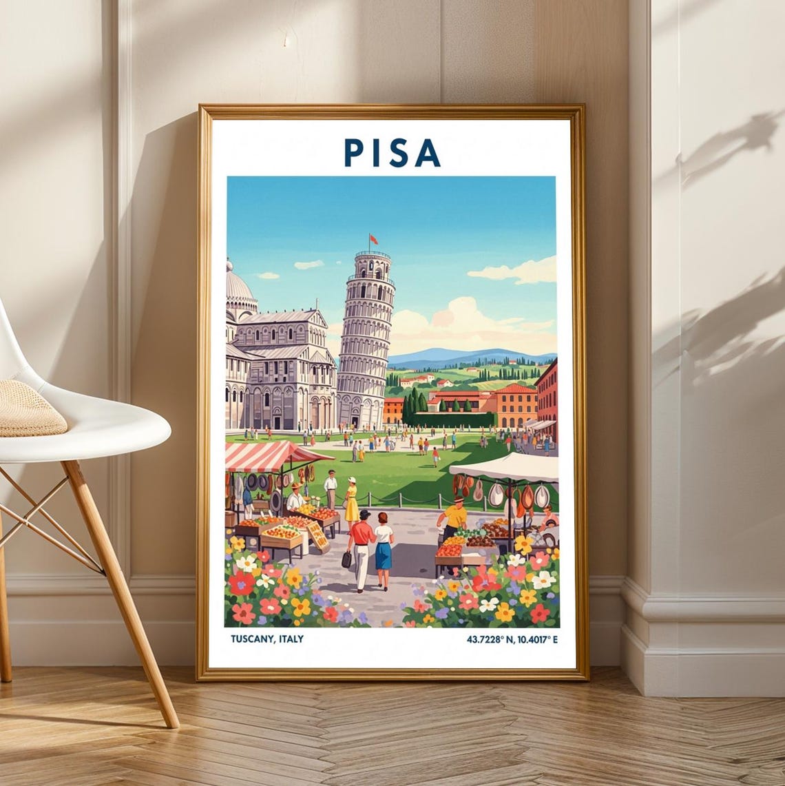 Leaning Tower Of Pisa Art Print Blue And Green Red Yellow Orange Vintage Travel Poster Italian For Living Room Office