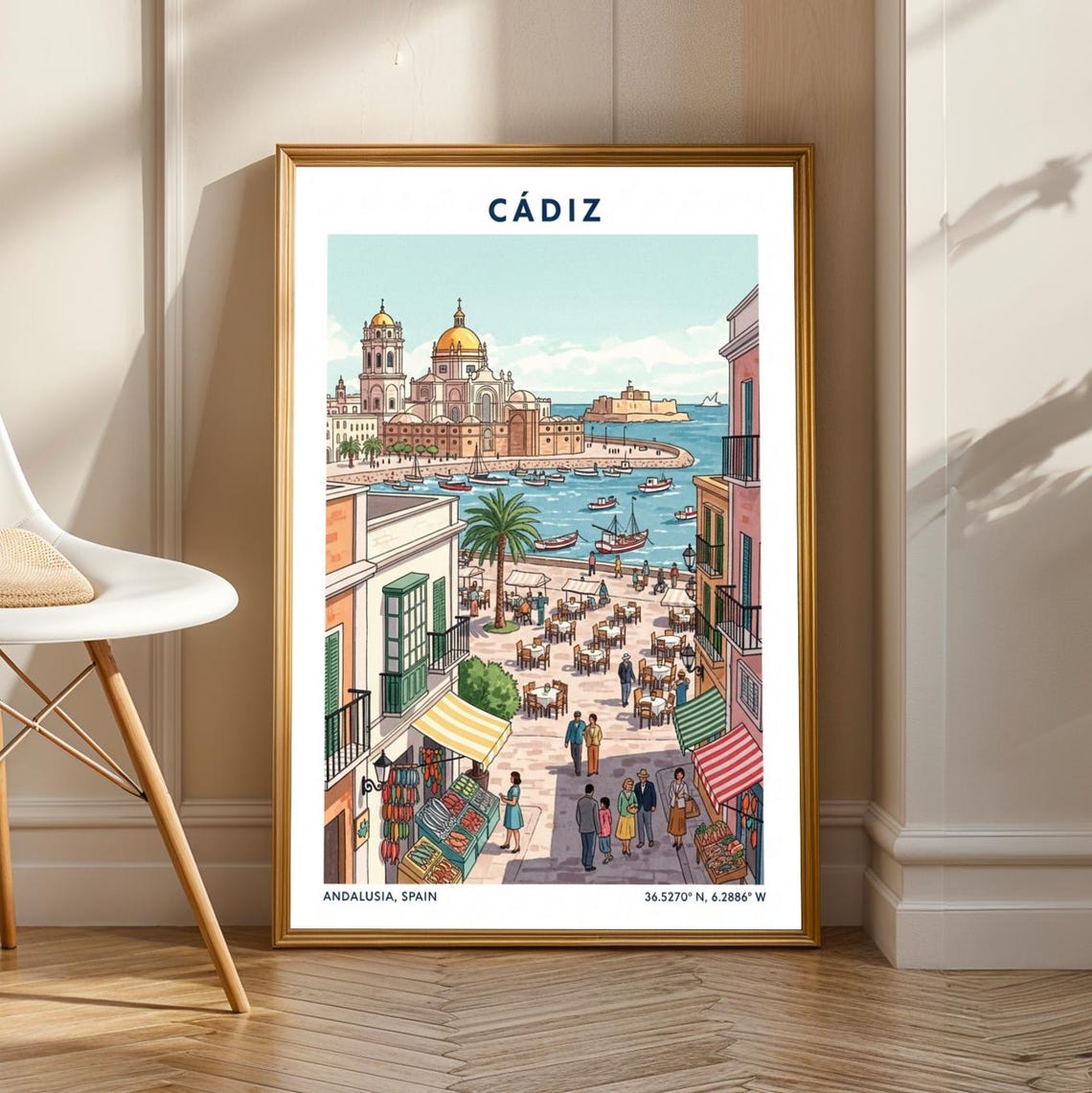 Cadiz Spain Andalusia Harbor Cathedral Plaza Golden Hour Travel Poster