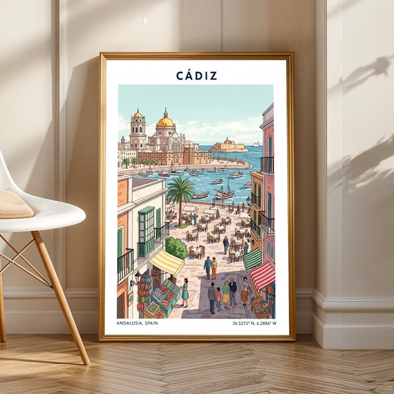 Cdiz Seaside Plaza Poster Blue Yellow Green Red And Beige Illustration Vintage Spanish Art For Living Room Office Travel Wall