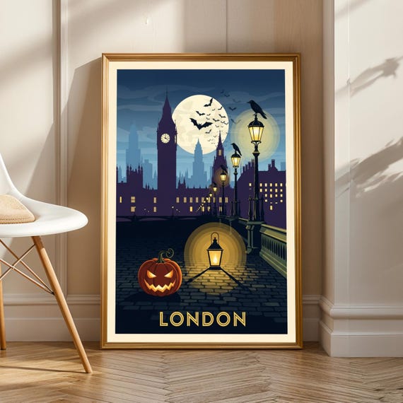 Halloween London Skyline Poster Vintage Travel Art Orange Purple And Black Decor Retro Spooky Wall For Living Room