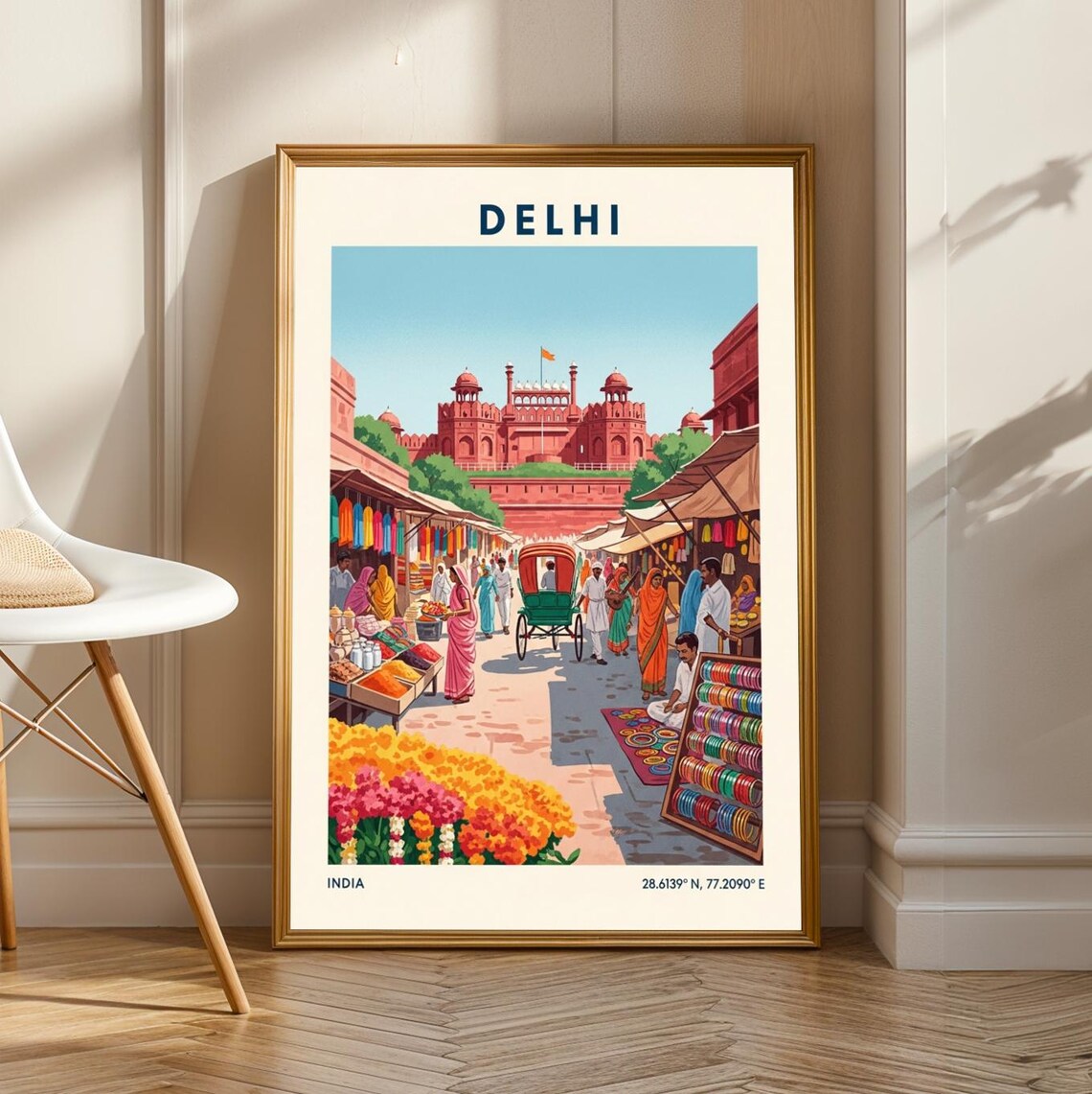 Delhi India Red Fort Bustling Street Market Vintage Travel Poster