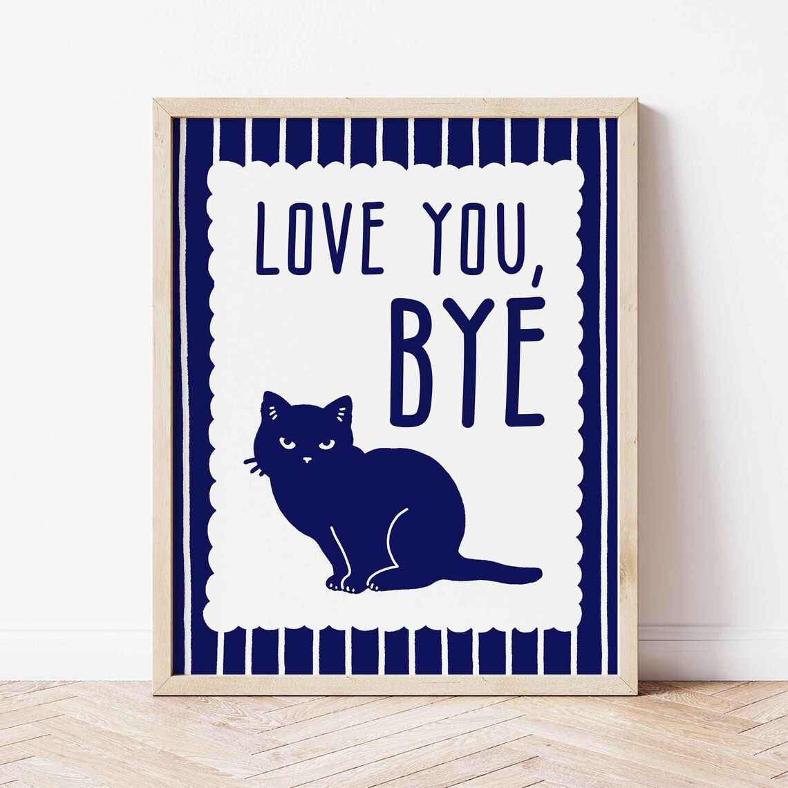 Love You Bye Quirky Black Cat Navy Blue Funny Pet Quote Poster