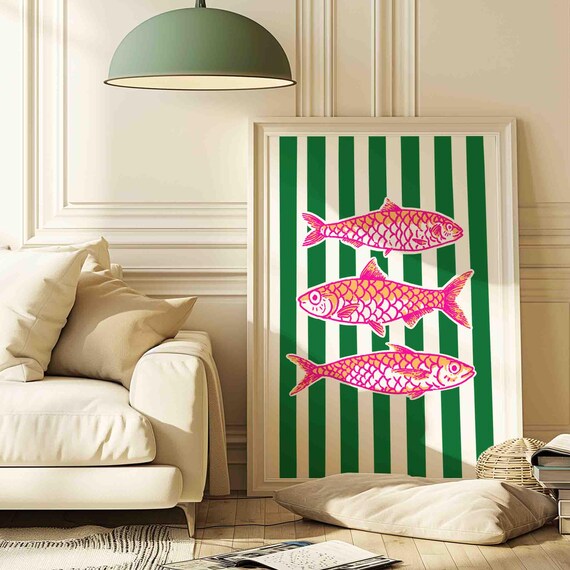 Retro Sardines Poster Print Vintage Sardine Wall Art Hand Drawn Fish Sketch Colorful Kitchen Maximalist Shipped