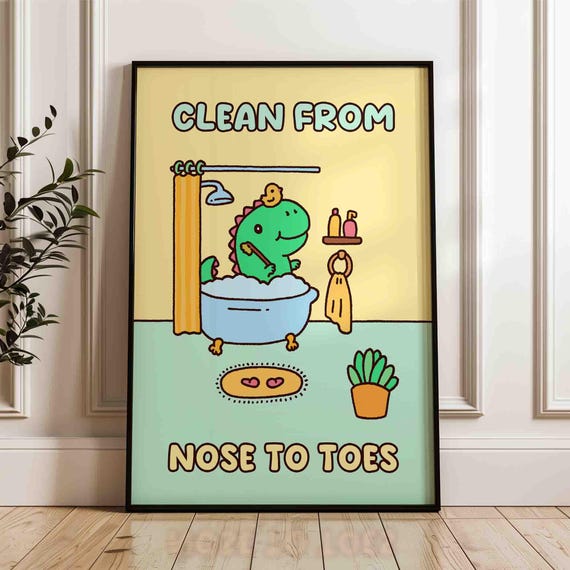 Dino In A Bathtub Poster Cute Bathroom Art Print Bath Trendy Funny Trex Unframed Shipped Wall