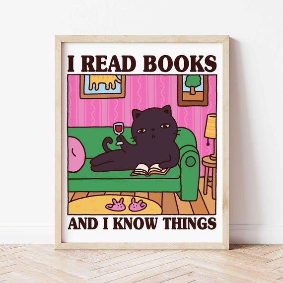Black Cat With A Book And Glass Of Wine Cute Quirky Print Bistro Poster Prints Gift For An Avid Reader Lover Art Funny Kitten