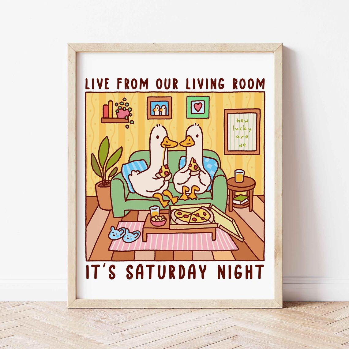Live From Our Living Room Goose Couple Saturday Pizza Night Art Print