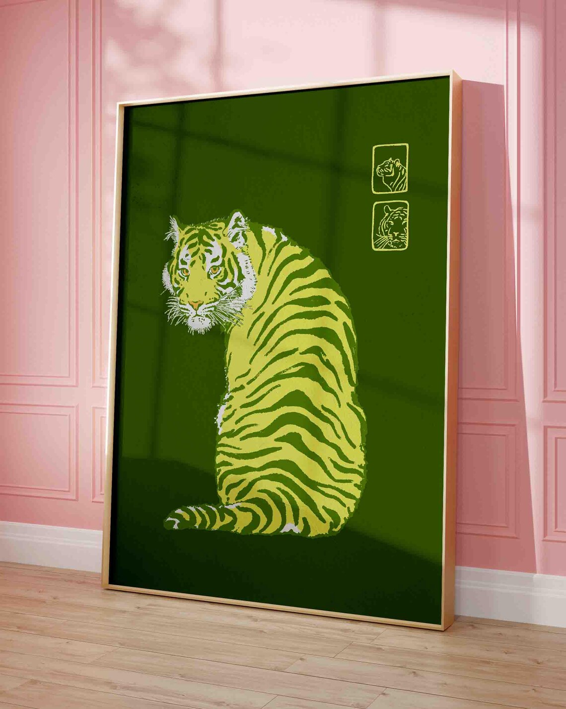 Emerald Green Tiger Japanese Style Minimalist Animal Art Poster